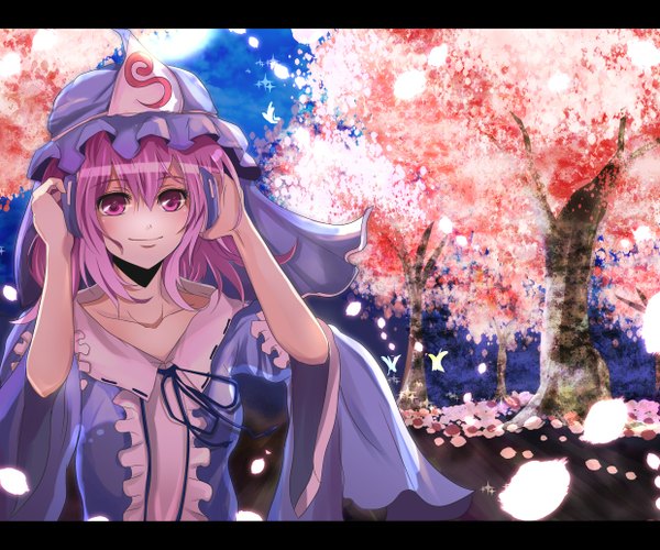 Anime picture 1240x1034 with touhou saigyouji yuyuko velia (artist) single short hair smile pink hair pink eyes cherry blossoms girl dress plant (plants) tree (trees) bonnet