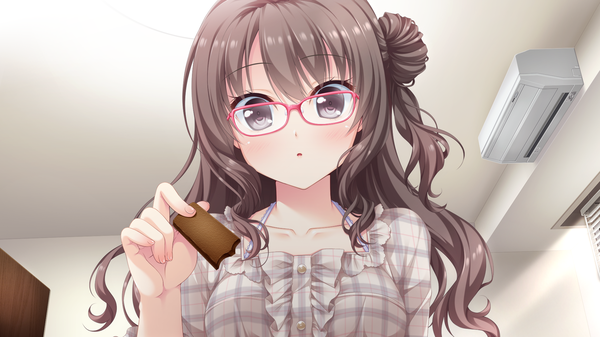 Anime picture 1920x1080 with hatsukoi sankaime windmill (company) hikami yurino narumi yuu (bunbukudou) single long hair looking at viewer blush fringe highres breasts brown hair wide image purple eyes holding game cg indoors :o hair bun (hair buns) girl