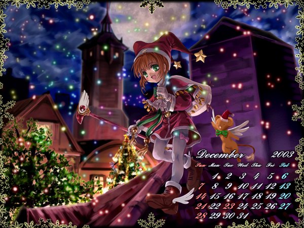 Anime picture 1600x1200 with card captor sakura clamp kinomoto sakura kero (cardcaptor sakura) mutsuki (moonknives) wallpaper calendar 2003 calendar