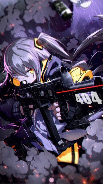 Anime picture 1677x2981 with girls frontline ump45 (girls frontline) mahousho single long hair tall image fringe hair between eyes standing holding yellow eyes looking away wind grey hair hair over one eye open jacket one side up scar smoke rain