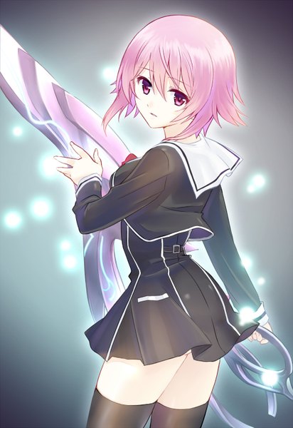Anime picture 1032x1500 with chaos;child onoe serika rosa tsubomi single tall image looking at viewer fringe short hair light erotic pink hair parted lips looking back fingernails midriff girl thighhighs uniform weapon black thighhighs huge weapon