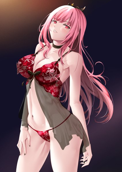 Anime picture 3508x4960 with virtual youtuber hololive hololive english mori calliope excaliblader single long hair tall image looking at viewer blush fringe highres breasts light erotic simple background large breasts standing pink hair absurdres cleavage