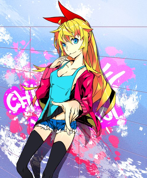 Anime picture 1450x1754 with nisekoi shaft (studio) kirisaki chitoge firecel single long hair tall image looking at viewer fringe blue eyes blonde hair smile standing open clothes open jacket bare belly graffiti girl thighhighs hair ornament