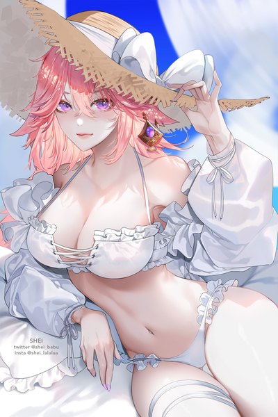 Anime picture 1667x2500 with genshin impact yae miko shei99 single long hair tall image looking at viewer fringe breasts light erotic large breasts signed animal ears pink hair cleavage nail polish pink eyes arm up fingernails puffy sleeves