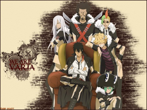 Anime picture 1600x1200 with katekyou hitman reborn superbi squalo xanxus belphegor (khr) fran (khr) mammon lussuria leviathan (khr) long hair blush short hair open mouth blue eyes black hair blonde hair smile green eyes white hair very long hair green hair