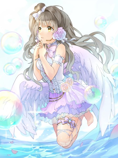 Anime picture 1000x1333 with love live! school idol project sunrise (studio) love live! minami kotori rio.lw single long hair tall image fringe brown hair brown eyes looking away bent knee (knees) barefoot one side up white wings girl dress bow hair bow