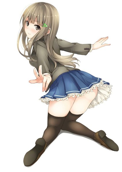 Anime picture 706x1000 with original unasaka ryou single long hair tall image looking at viewer blush fringe light erotic simple background brown hair white background brown eyes ass head tilt pleated skirt light smile from behind embarrassed kneeling