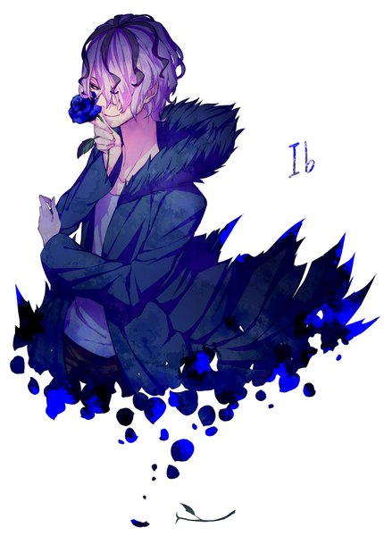 Anime picture 1470x2050 with ib (game) garry (ib) single tall image fringe short hair simple background white background purple eyes purple hair hair over one eye inscription boy flower (flowers) petals fur coat blue rose