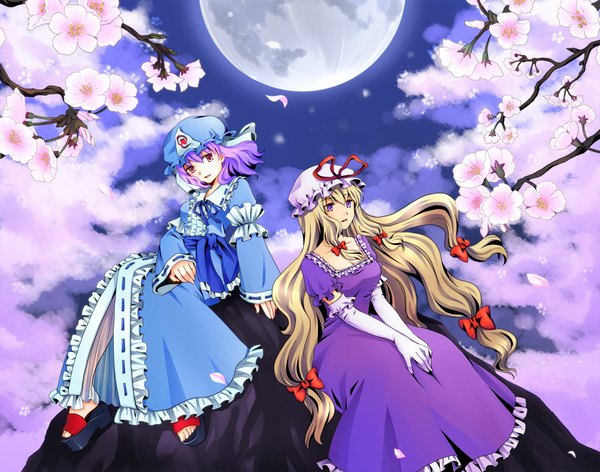 Anime picture 1144x900 with touhou yakumo yukari saigyouji yuyuko chaa (ritoporu) long hair short hair blonde hair red eyes multiple girls pink hair long sleeves pink eyes cherry blossoms girl dress gloves bow 2 girls hair bow hat