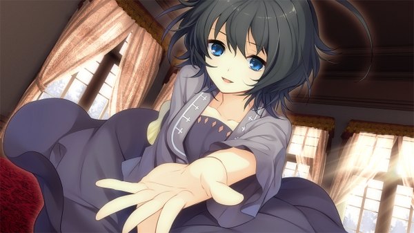 Anime picture 1280x720 with tokeijikake no ley line urabi (tomatohouse) single looking at viewer fringe short hair open mouth blue eyes black hair wide image game cg indoors light smile outstretched arm girl dress window curtains