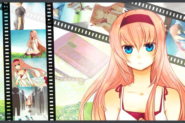 Anime picture 1200x800 with vocaloid megurine luka long hair blue eyes pink hair film strip girl hairband