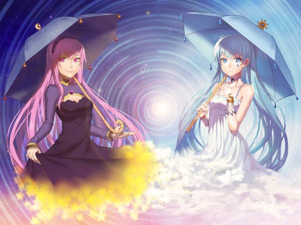 Anime picture 1600x1200 with vocaloid hatsune miku megurine luka aesice long hair fringe breasts blue eyes smile twintails multiple girls holding pink hair cleavage pink eyes aqua hair alternate costume sleeveless facial mark sad