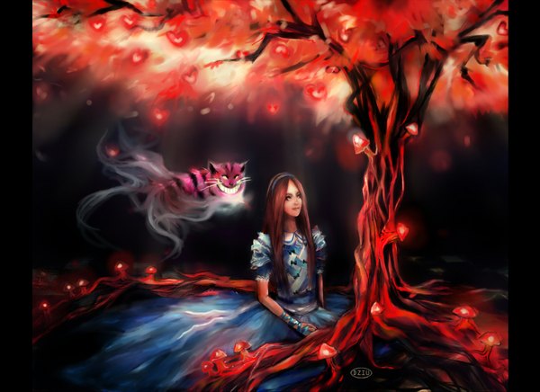 Anime picture 1702x1239 with american mcgee's alice (game) cheshire cat alice (american mcgee's) dziu09 long hair highres smile brown hair brown eyes light smile lips flying girl dress ribbon (ribbons) plant (plants) tree (trees) hairband cat