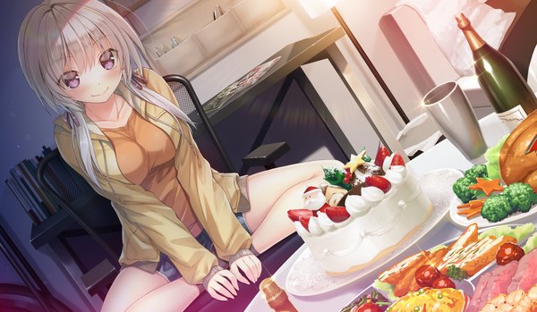 Anime picture 2010x1170 with study steady kakegawa hazuki kiba satoshi single long hair looking at viewer blush fringe highres breasts smile hair between eyes wide image sitting twintails purple eyes game cg silver hair indoors long sleeves