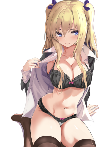 Anime picture 827x1169 with original kesoshirou single long hair tall image blush fringe breasts blue eyes light erotic simple background blonde hair smile hair between eyes large breasts white background sitting holding payot arm support