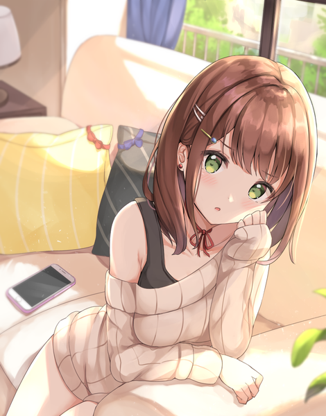 Anime picture 841x1073 with original keiran (ryo170) single tall image looking at viewer blush fringe short hair open mouth brown hair sitting green eyes indoors girl earrings window hairclip pillow curtains sweater