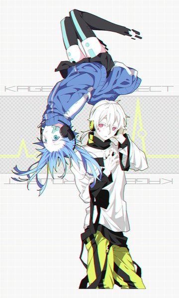 Anime picture 666x1111 with kagerou project shaft (studio) ene (kagerou project) konoha (kagerou project) 16 ban long hair tall image fringe short hair standing twintails bent knee (knees) white hair long sleeves pink eyes aqua eyes aqua hair wide sleeves zettai ryouiki pale skin