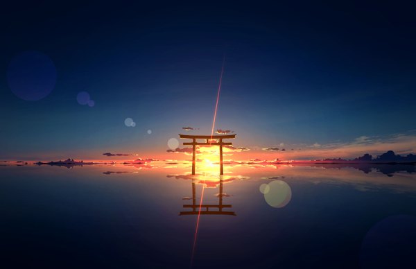 Anime picture 2405x1558 with original kijineko highres sky cloud (clouds) outdoors sunlight lens flare evening reflection sunset no people landscape sunbeam scenic water torii