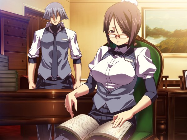 Anime picture 1024x768 with hotel (game) short hair black hair sitting brown eyes game cg grey hair girl boy shirt glasses book (books)