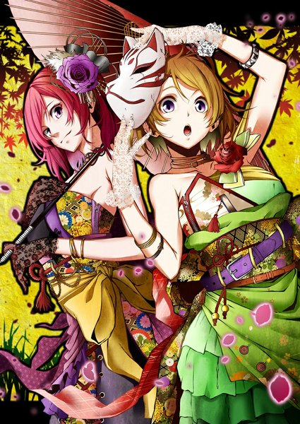 Anime picture 753x1063 with love live! school idol project sunrise (studio) love live! nishikino maki koizumi hanayo vice (kuronekohadokoheiku) tall image looking at viewer short hair open mouth blonde hair purple eyes multiple girls red hair traditional clothes japanese clothes mask on head girl gloves hair ornament