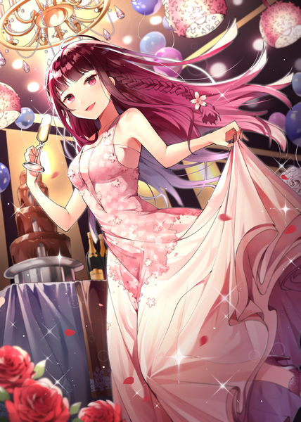 Anime picture 1439x2018 with original azit (down) single long hair tall image looking at viewer blush fringe open mouth bare shoulders purple hair blunt bangs braid (braids) pink eyes sparkle from below side braid girl dress flower (flowers)