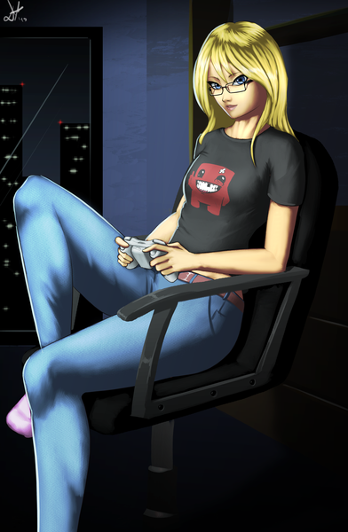 Anime picture 2791x4274 with super meat boy meat boy deilan12 (artist) single long hair tall image looking at viewer highres blue eyes blonde hair lips girl glasses belt t-shirt jeans blue jeans