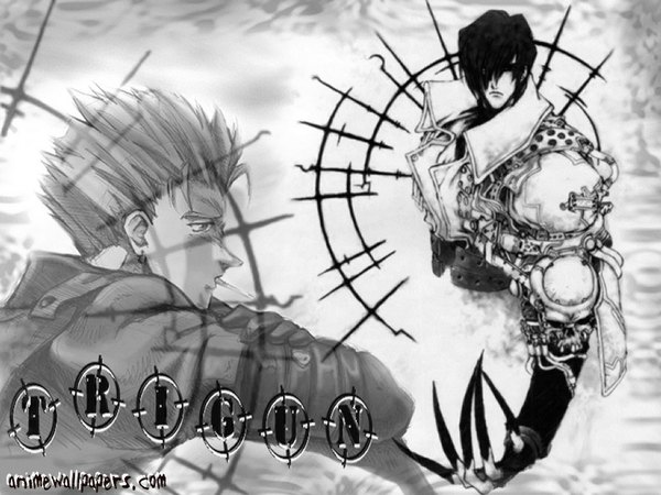 Anime picture 1024x768 with trigun vash the stampede looking at viewer fringe short hair black hair looking away upper body hair over one eye multiple boys copyright name monochrome outstretched hand serious smoking boy earrings armor 2 boys cigarette