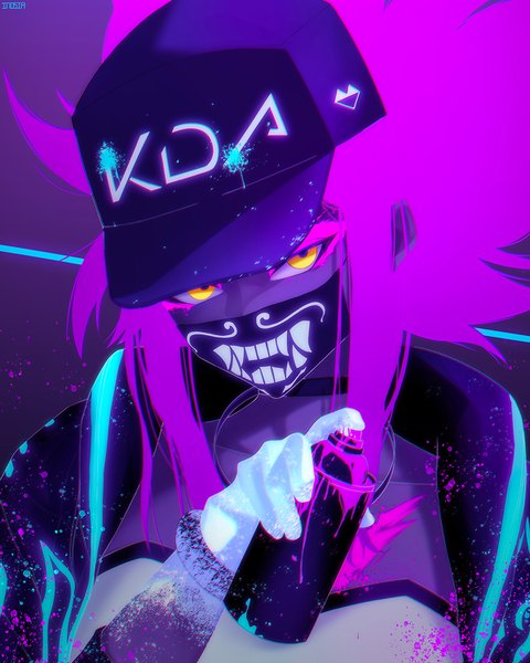 Anime picture 1200x1500 with league of legends k/da (league of legends) akali (league of legends) k/da akali inosia single long hair tall image looking at viewer holding signed yellow eyes pink hair upper body eyeshadow ultraviolet light girl baseball cap surgical mask idol