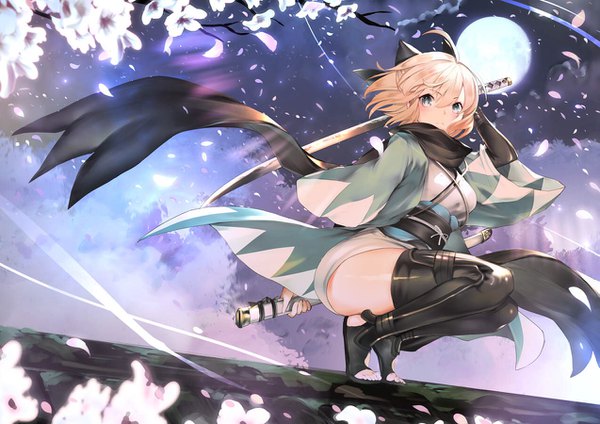 Anime picture 1273x900 with fate (series) fate/grand order koha-ace okita souji (fate) (all) okita souji (koha-ace) teddy (khanshin) single blush fringe short hair hair between eyes holding looking away full body ahoge bent knee (knees) outdoors traditional clothes japanese clothes arm up