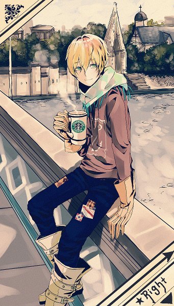 Anime picture 682x1200 with original starbucks rrr (reason) single tall image fringe short hair blonde hair smile hair between eyes sitting holding green eyes signed payot looking away bent knee (knees) arm support outstretched arm city