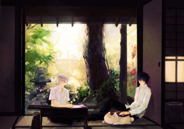 Anime picture 1200x843 with natsume yuujinchou brains base (studio) natsume takashi madara (nyanko-sensei) tanuma kaname suimin short hair black hair red eyes sitting brown eyes yellow eyes silver hair grey hair multiple boys kneeling boy uniform plant (plants) school uniform