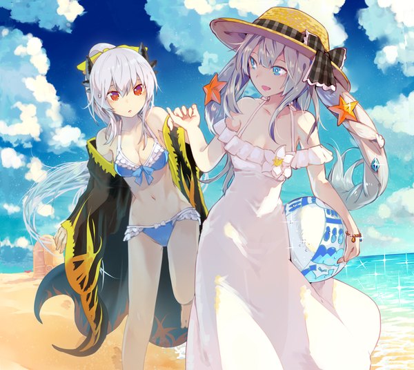 Anime picture 978x874 with fate (series) fate/grand order marie antoinette (fate/grand order) kiyohime (fate) marie antoinette (swimsuit caster) (fate) kiyohime (swimsuit lancer) (fate) inaeda kei long hair fringe open mouth blue eyes light erotic hair between eyes red eyes twintails bare shoulders multiple girls holding payot looking away