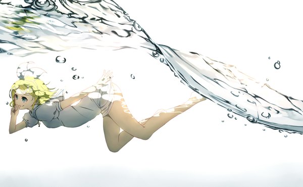 Anime picture 1500x927 with vocaloid kagamine rin akami fumio single short hair blue eyes light erotic simple background blonde hair smile wide image white background looking away barefoot bare legs underwater swimming girl dress ribbon (ribbons)