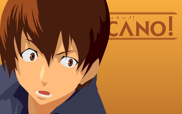 Anime picture 1920x1200 with baccano! firo prochainezo single highres short hair open mouth simple background brown hair wide image brown eyes portrait face vector orange background boy