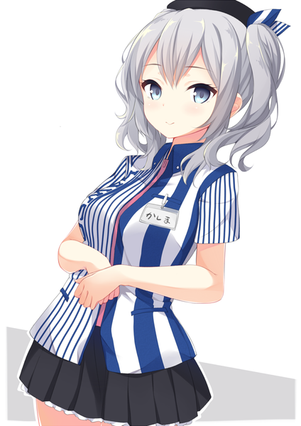 Anime picture 800x1131 with kantai collection lawson kashima training cruiser mimura zaja single long hair tall image looking at viewer blush fringe blue eyes simple background smile white background twintails silver hair dutch angle :> girl skirt