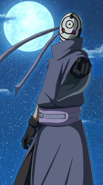 Anime picture 1478x2644 with naruto studio pierrot naruto (series) uchiha obito tobi flowerinhell tall image looking at viewer red eyes purple eyes cloud (clouds) night sky torn clothes akatsuki boy gloves belt star (stars) cloak mask