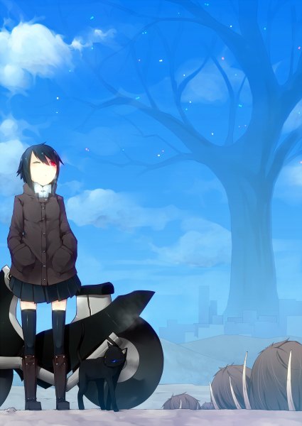 Anime picture 1700x2400 with original en@rain single tall image fringe short hair black hair red eyes standing sky cloud (clouds) looking up snow hands in pockets bare tree girl thighhighs skirt black thighhighs plant (plants)