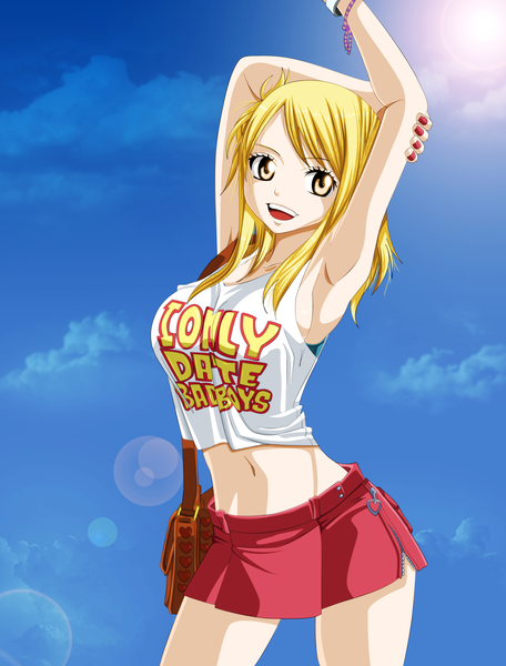 Anime picture 2661x3503 with fairy tail lucy heartfilia eikens single long hair tall image highres open mouth blonde hair smile yellow eyes sky cloud (clouds) nail polish sunlight arms up armpit (armpits) midriff coloring sunbeam