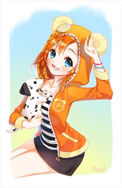 Anime picture 600x922 with love live! school idol project sunrise (studio) love live! kousaka honoka rarumi single tall image blush short hair open mouth blue eyes sitting holding signed looking away arm up from above orange hair shadow gradient background