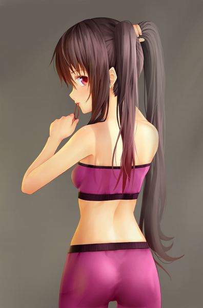 Anime picture 1319x2000 with original aki99 single long hair tall image light erotic black hair simple background red eyes twintails profile looking back girl leggings bike shorts