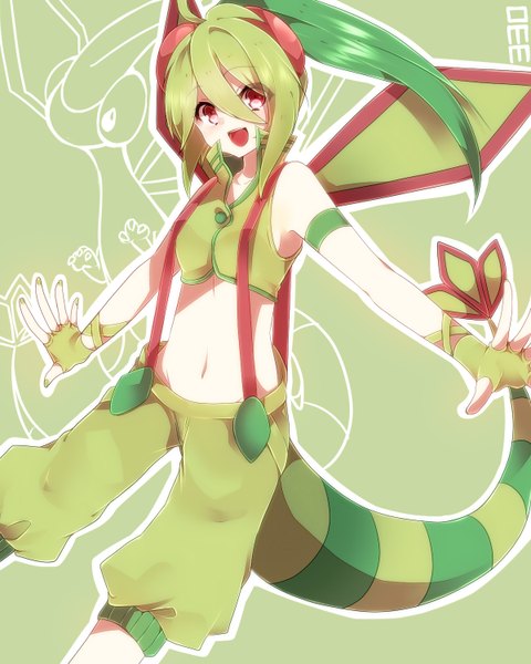 Anime picture 1200x1500 with pokemon nintendo flygon takeshima eku single long hair tall image looking at viewer open mouth smile red eyes ponytail tail multicolored hair green hair two-tone hair bare belly midriff spread arms green background