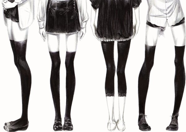 Anime picture 1280x905 with original sousou (sousouworks) simple background standing white background multiple girls from behind monochrome group hands behind back hands clasped casual girl thighhighs dress skirt black thighhighs miniskirt shoes shorts