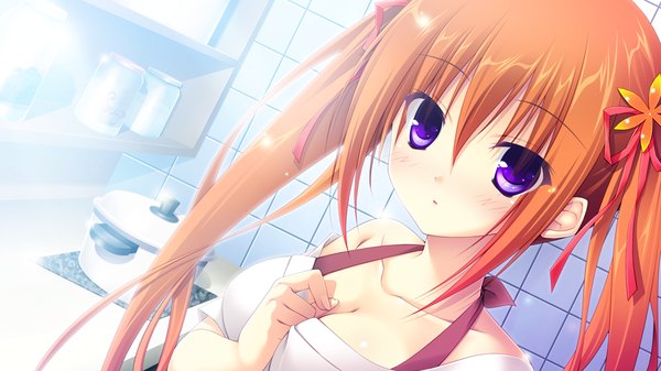 Anime picture 1024x576 with lovely quest long hair looking at viewer blush open mouth wide image purple eyes twintails game cg upper body orange hair :o girl flower (flowers) ribbon (ribbons) hair ribbon tiles kitchen jar stove