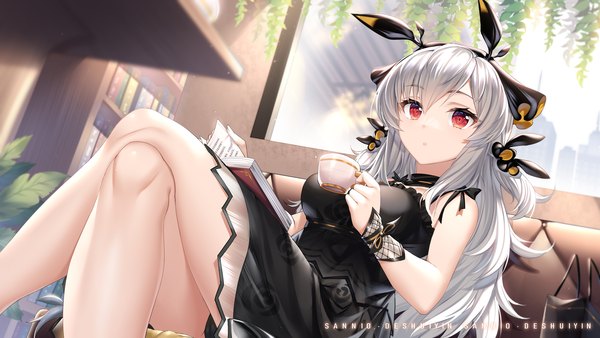Anime picture 2000x1125 with arknights weedy (arknights) sannio single long hair looking at viewer fringe highres light erotic hair between eyes red eyes wide image sitting holding signed silver hair bent knee (knees) indoors parted lips blurry