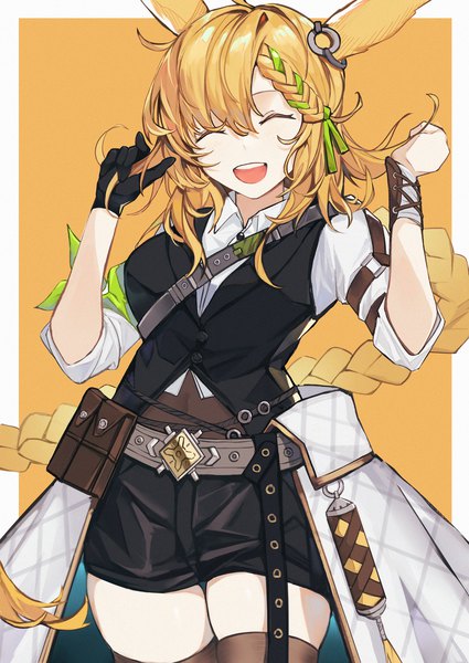 Anime picture 1600x2259 with arknights kroos (arknights) fanshu single tall image simple background blonde hair animal ears braid (braids) eyes closed very long hair zettai ryouiki official alternate costume single braid border side braid ^ ^ outside border holding hair ^o^