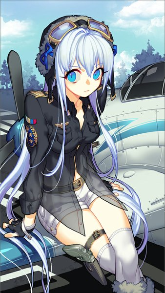 Anime picture 500x887 with original pika (kai9464) single long hair tall image fringe blue eyes sitting blue hair sky cloud (clouds) bent knee (knees) sunlight shadow girl thighhighs gloves uniform weapon plant (plants)
