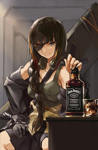 Anime picture 1000x1534 with girls frontline jack daniel's m16a1 (girls frontline) kisetsu single long hair tall image looking at viewer fringe black hair sitting blunt bangs braid (braids) pleated skirt multicolored hair light smile sunlight wide sleeves grey eyes spread legs