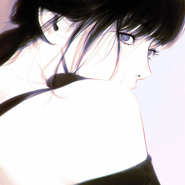 Anime picture 1080x1080 with original ilya kuvshinov single looking at viewer fringe short hair black hair simple background purple eyes bare shoulders looking back realistic grey background back close-up low ponytail covered mouth girl