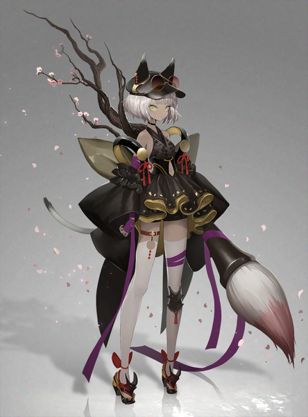 Anime picture 815x1100 with original megusuri single tall image looking at viewer fringe short hair simple background standing green eyes animal ears silver hair full body tail blunt bangs animal tail cat ears grey background shadow cat girl