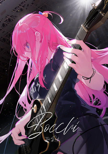Anime picture 1000x1415 with bocchi the rock! cloverworks gotou hitori kuroduki (pieat) single long hair tall image blue eyes looking away pink hair profile from below copyright name one side up playing instrument girl hair ornament musical instrument guitar electric guitar